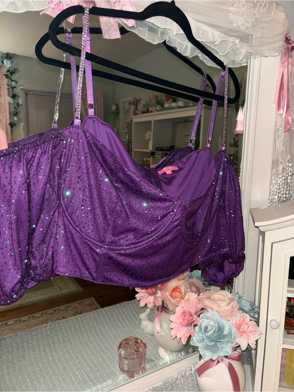Dolls Kill Purple Sequin Off-Shoulder Bustier Crop Top